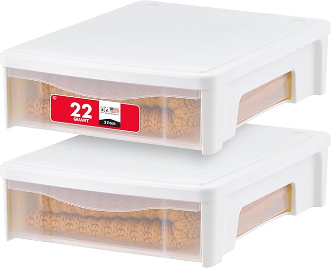 IRIS USA 22 Qt Under Bed Storage, Stackable Organizer Bin Plastic Container with Sliding Drawer, 2 Pack, Multi-Purpose for Clothes, Shoes, Bedding, White