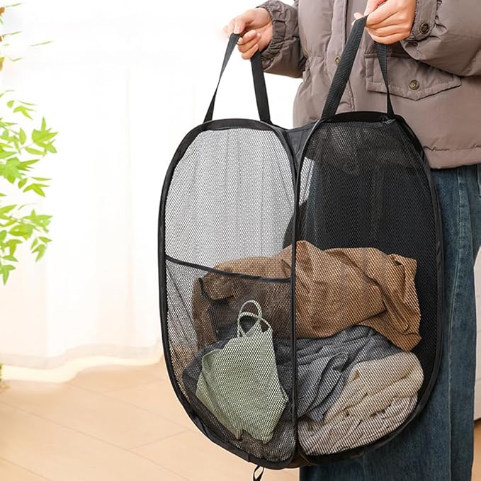 Pack of 2 Pop Up Laundry Hamper Collapsible Laundry Baskets Black Mesh Laundry Baskets with Portable Handle, Side Pocket for Bedroom, Nursery Room, Travel, Cruise