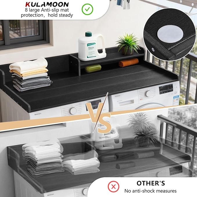 Washer and Dryer Countertop with Shelf, HDPE 2-Tier Laundry Countertop, 54" Wide Laundry Machine Topper with 2 Hooks & Non-Slip Pads for Laundry Room Organization and Folding Clothes (Black)