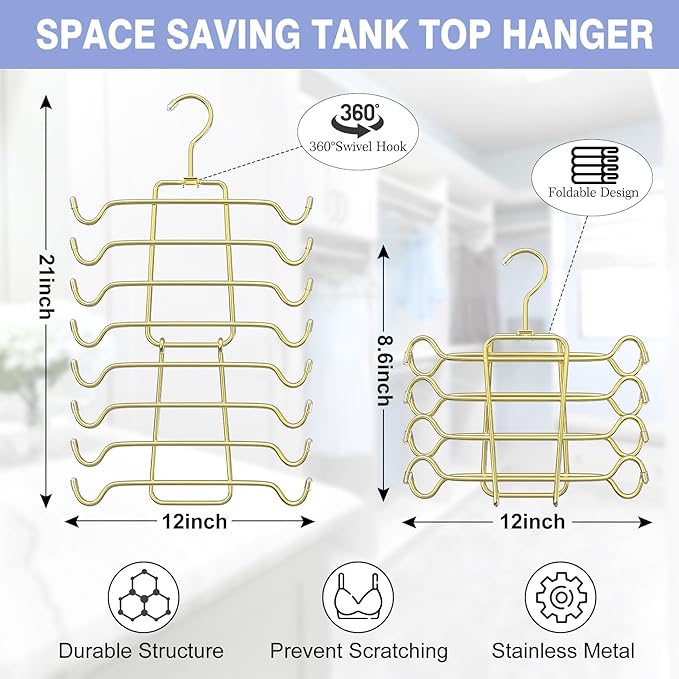 2Pcs Tank Top Hangers Space Saving Hanger Organizer Bra Hangers for Closet Organizer 360° Rotating Metal Closet Organizers and Storage Lingerie Hooks for Cami Bras Belts Swimsuits Lingeries Gold