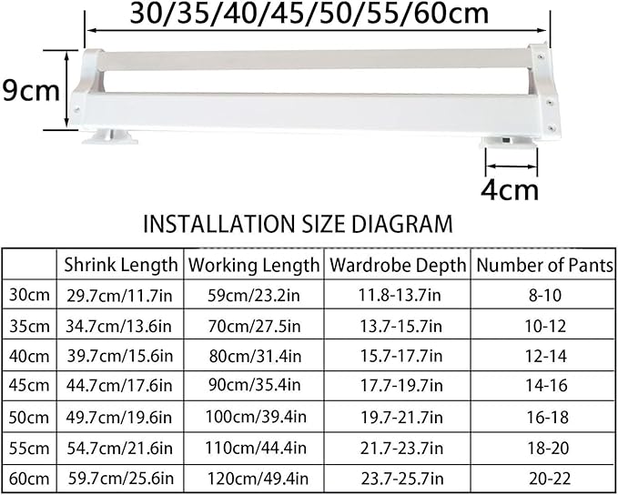 Pull-Out Clothes Hanger Rail for Wardrobe - White, 35cm/13.78
