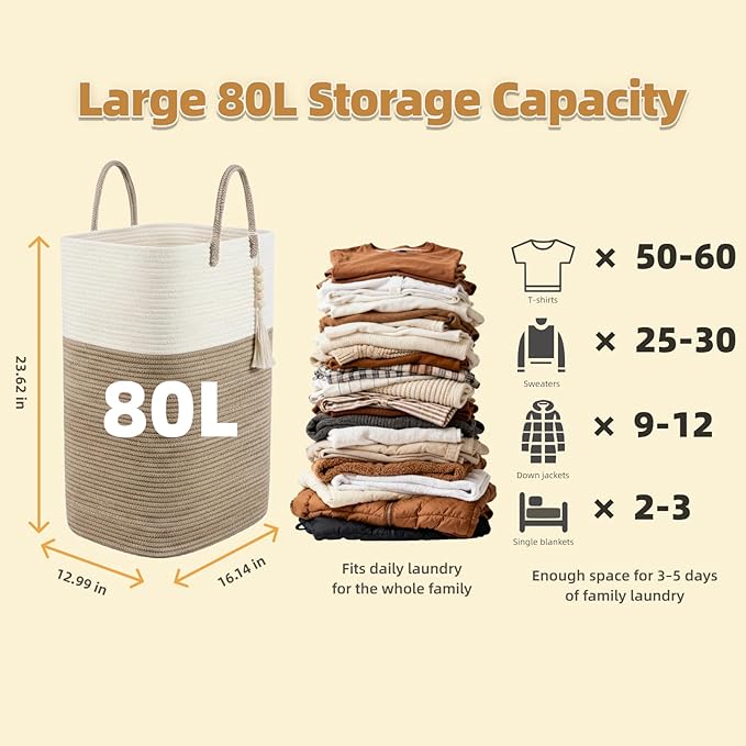 80L Tall Woven Laundry Hamper – Large Foldable Storage Basket with Handles for Clothes, Blankets, Toys, Bathroom, Living Room, Nursery Decor