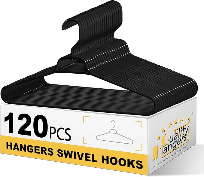 Quality Hangers Heavy Duty Black Plastic Hangers 120-Pack with Swivel Hook | 7mm Thick Non Slip Coat Hangers with Accessory Bar | Ideal Clothes Hangers Plastic for Everyday Use | 17 Inches 120, Black
