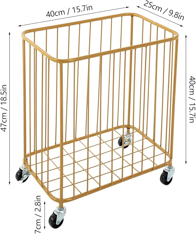 Rolling Laundry Hamper, Large-size Metal Laundry Basket Cart w/Wheels, Wheeled Clothing Hamper for Home, Hotel, Mall, Bathroom, Bedroom and Commercial Laundries (Gold)