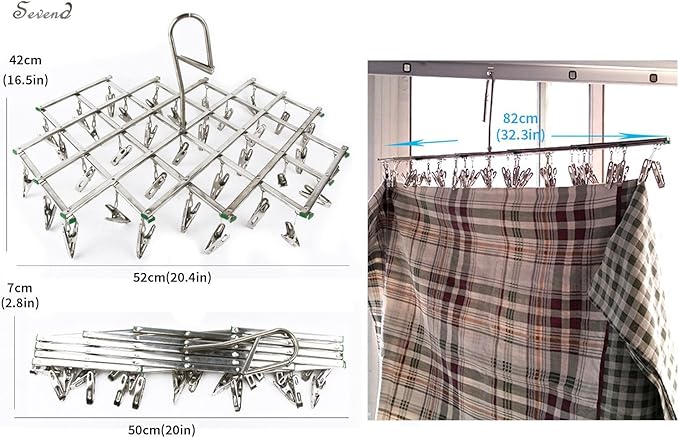 Seven Stainless Steel Socks Drying Rack with 35 Clips, Rustproof Clothes Hanger Washing Line Windproof Hanging Dryer for Socks Underwear Towels Scarves Shirts Etc.