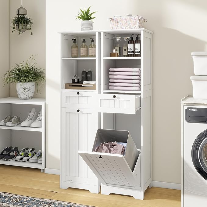 Tall Tilt Out Laundry Room Cabinets and Storage with Hidden Removable Basket, Pull Out Laundry Cabinet Hamper with Door and Drawer for Laundry Room, Bathroom, 13 Gallons