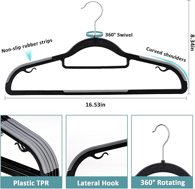 30-Pack Plastic Clothes Hangers, Space Saver, Non Slip, 360° Swivel Hook, 0.2 Inches Slim, Sturdy Heavy Duty Coat Hangers, Durable Hangers for Suits, Black and Dark Gray