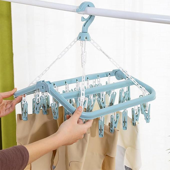 2 Pack Foldable Clothes Drying Hanger with 32 Clips, Clip and Drip Hangers Clothes Drying Rack, Underwear Hangers for Drying, Laundry Clothes Hanger for Drying Socks Lingerie Baby Clothes Towels Bras