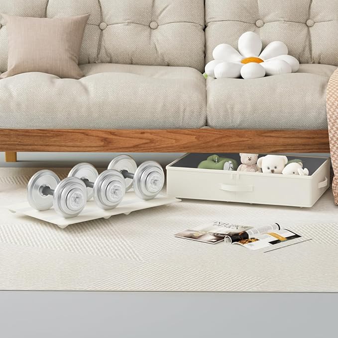 Under Bed Storage with Wheels, No Assemble Required 5.5 inches height beige under bed storage bins,Low Profile Rolling Underbed Shoe Storage containers，dorm underbed storage drawers