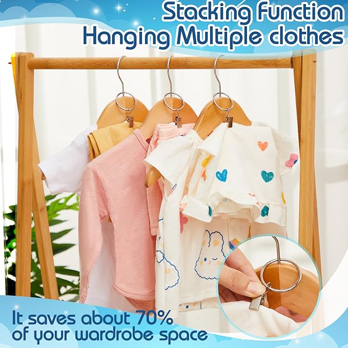 20 Pcs Wooden Baby Clothes Hangers with 20 Pcs Metal Ring Clips 12.6" Wooden Shirt Coat Hangers with Notches and Anti Rust 360 Swivel Chrome Hook for Kids Children Toddler Clothes