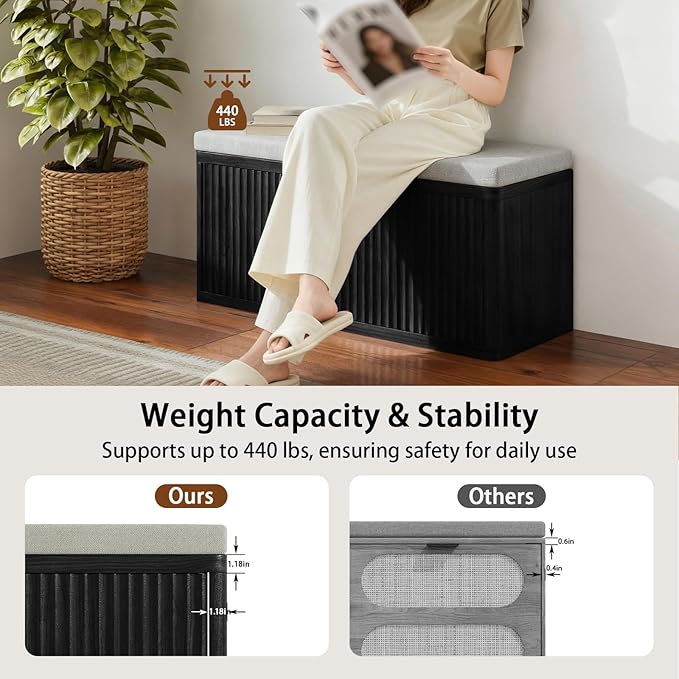 Double Layered Shoe Cabinet with Bench,Wooden Shoe Bench with Soft Cushion,Double Door without Handle Pressing Spring,Fluted Panel,Suitable for Entrance,Corridor and Living Room (Shoe Bench-Black)