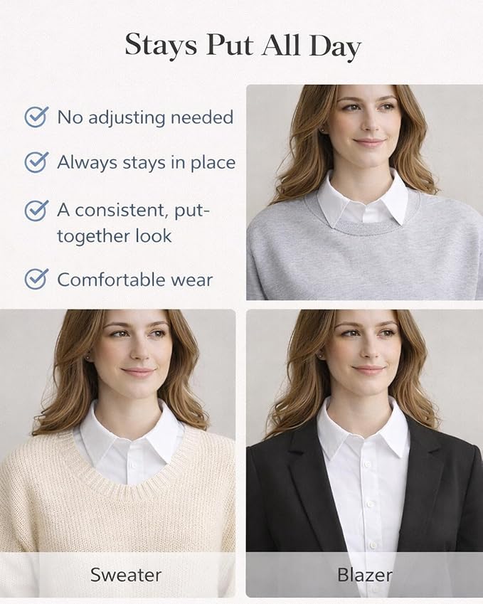 4 Pack Detachable Dickey Collar Blouse for Women, Fake White Collar Shirt, Faux Shirt Collared Bib for Under Sweater