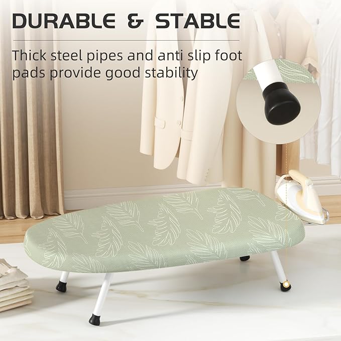 Mini Ironing Board Tabletop Ironing Board Compact Foldable Iron Board Thick Steel Tube with Heat Resistant Covers, Iron Rest for Dorms, Apartment and Travel (Green Leaf)
