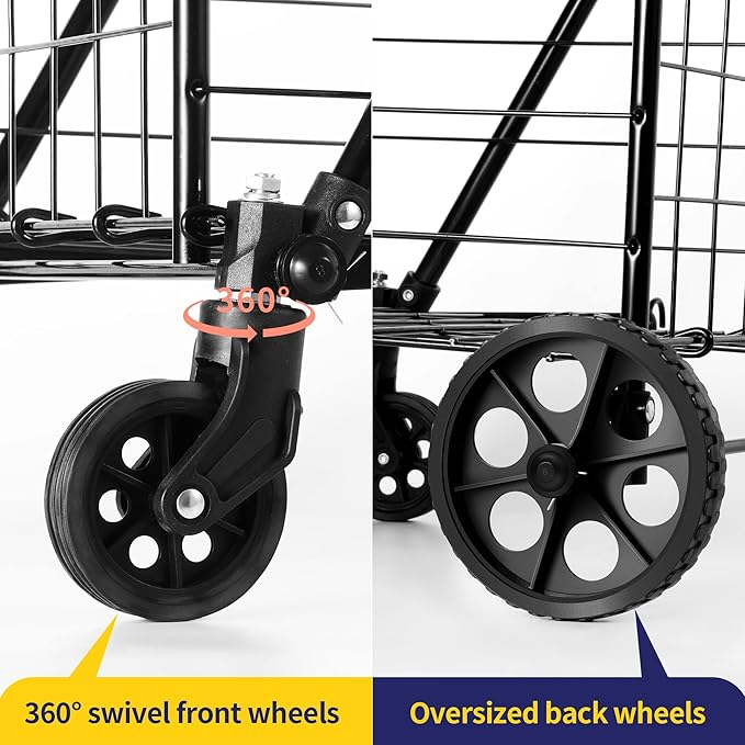 Folding Shopping Cart, Grocery Cart, 200 Lb Capacity, Utility Cart with 360° Rolling Swivel Wheels, Medium & Extra Basket