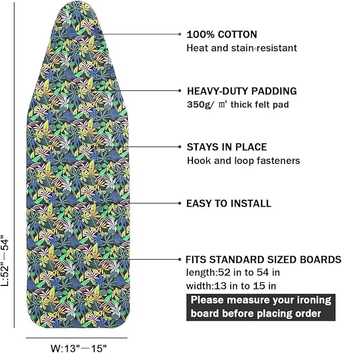Ironing Board Cover and Pad Standard Size 15 x 54,3 Pairs of Hook and Loop Fastener Straps,Elastic Edges,2 Layers Ironing Board Cover with Thick Padding (C Pattern)