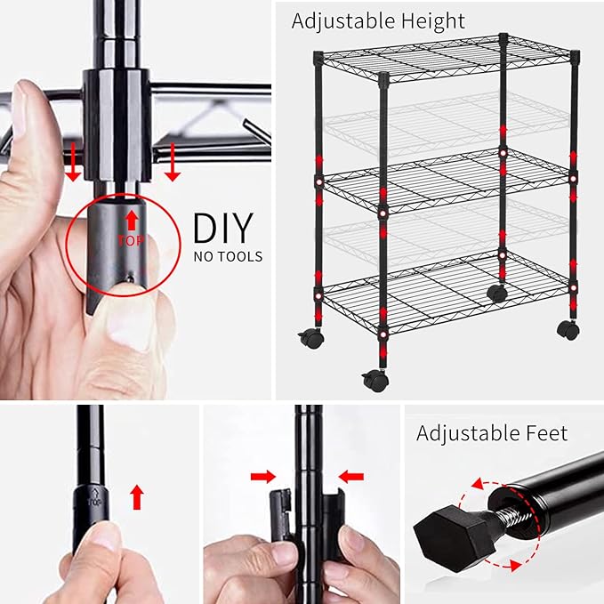3 Tier Rolling Storage Cart with Wheels and Leveling Feet, Adjustable Wire Shelving Rack, Heavy Duty 450LBS Capacity, Metal Shelf Organizer for Kitchen, Bathroom, Laundry, Office, 23"L x 13"W x 31.3"H