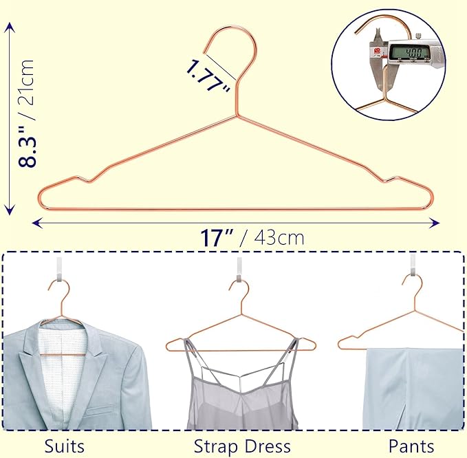 Amber Home 20 Pack 17" Rose Gold Strong Metal Hanger, Copper Clothes Hangers, Heavy Duty Coat Hangers, Standard Suit Hangers for Jacket, Shirt, Dress (Copper, 20)