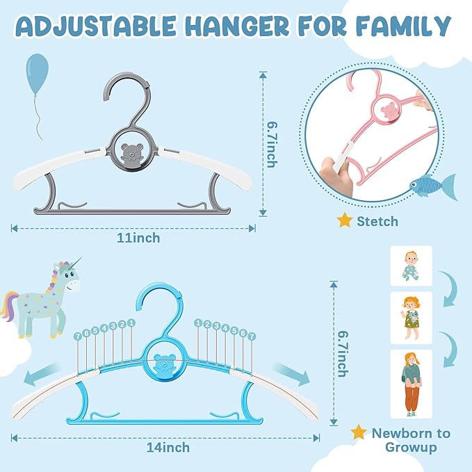 30 Pack Kids Hangers for Nursery Closet, Adjustable Non-Slip Toddler Baby Hangers with Windproof Buckle, 11-14" Infant Child Plastic Clothes Pant Hanger for Boys Girls Newborn Adult, Multi