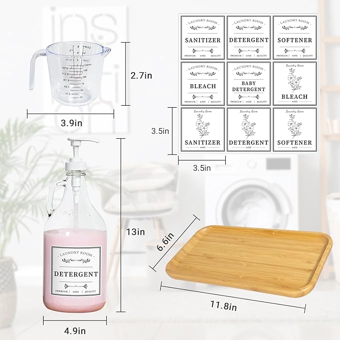 Glass Laundry Detergent Dispenser, Liquid Laundry Soap Dispenser for Laundry Room, 64oz Detergent Bleach Softener Dispenser for Farmhouse Decor, Includes Pumps, Funnel, Labels and Bamboo Tray