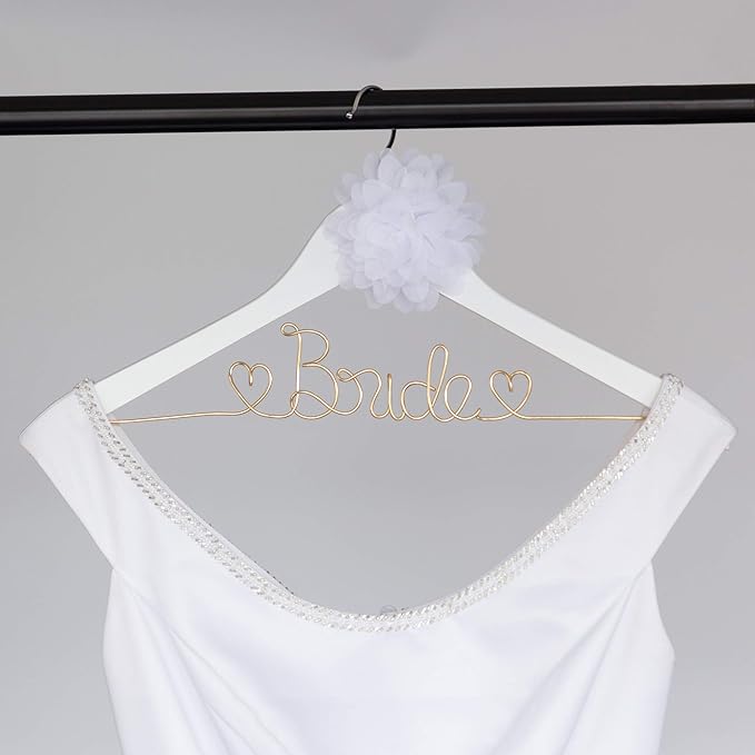Ella Celebration Bride to Be Wedding Dress Hanger Wooden and Wire Hangers for Brides Gowns, Dresses (White with Light Gold)