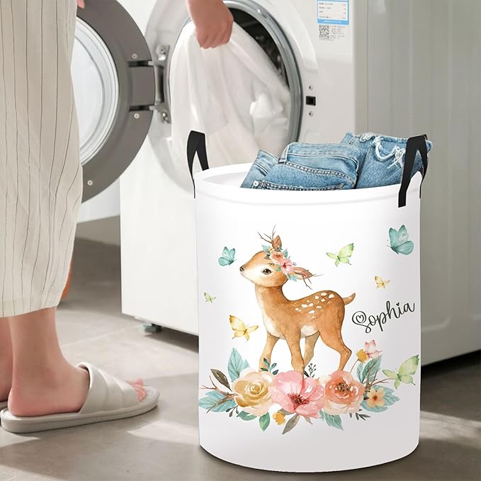 Custom Name Deer Laundry Baskets for Nursery Utility Room, Personalized Toddler Laundry Basket with Name, Customize Baby Name Laundry Hamper Kids Storage Organizer 2 Sizes
