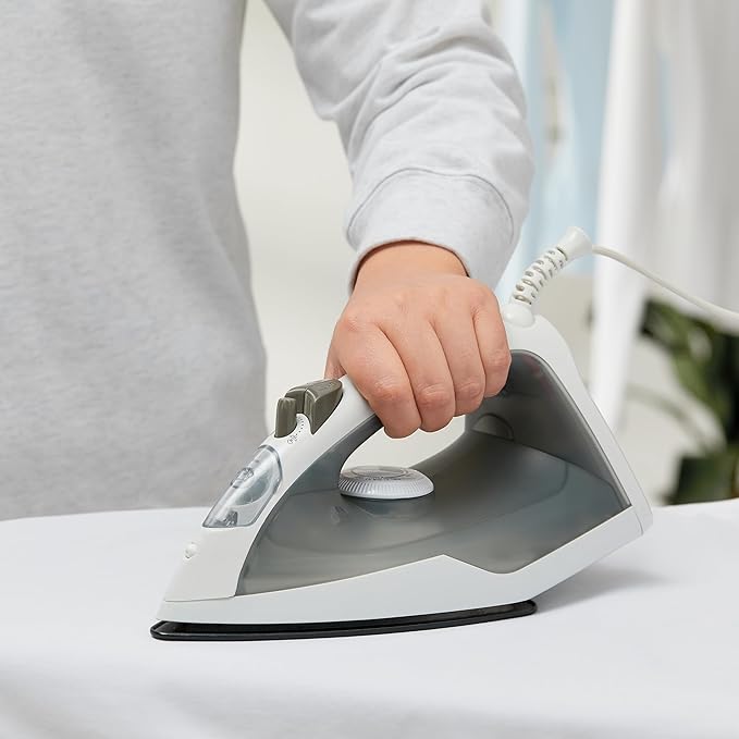 Amazon Basics 1200W 10” Steam Iron, With Non-Stick Teflon Soleplate, 5 Fl Oz Water Tank (150 ML), Auto Shut-Off, Anti-Drip, Anti-Calcification, Thermostat, 6.5Ft Cord, Gray
