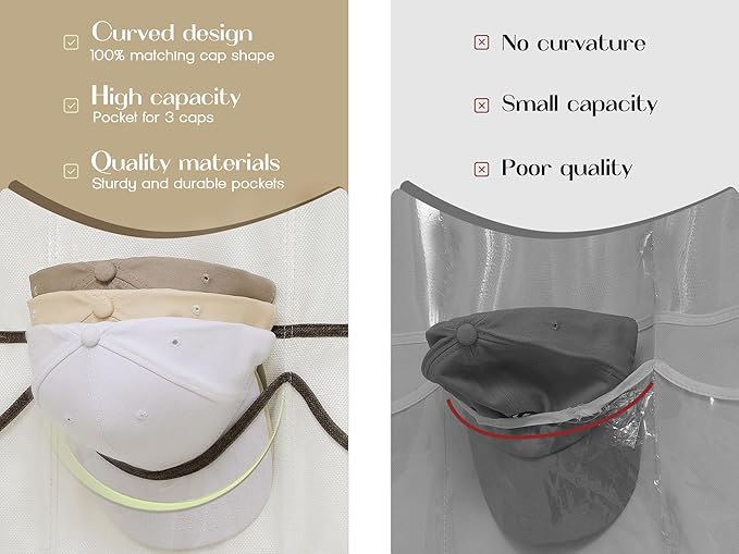 LoforHoney Hat Organizer for Baseball Caps, Over The Door Hat Rack with 24 Deep Pockets, 3 Hooks, Visible Hat Holder, Beige