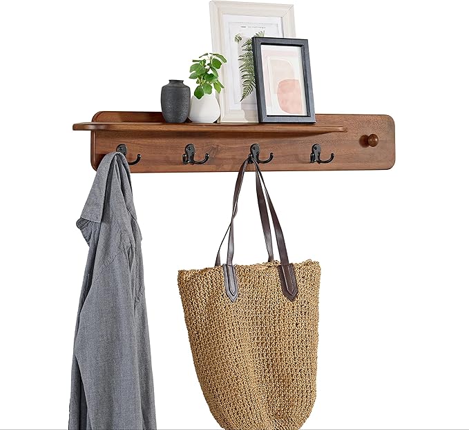 Alaterre Furniture Coat Rack with Shelf - Calais Collection Wall Mount Shelf with 4 Coat Hooks and Peg - Acacia Wood Wall Hangers (Warm Chestnut)