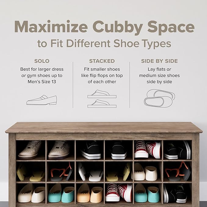 Prepac Black Shoe Cabinet, Entryway Bench, Mud Room Organization and Storage Bench with 18 Shoe Cubbies 16"D x 48"W x 24"H
