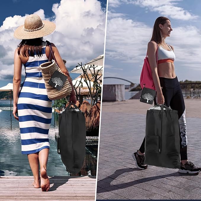 2 Packs Travel Laundry Bags, CLEADUS Foldable Dirty Clothes Bag 【Upgraded】 with Drawstring Mesh, Handles, and Carabiner, Portable, Suitable for Travel, Gym, Camping (Black+Gray)