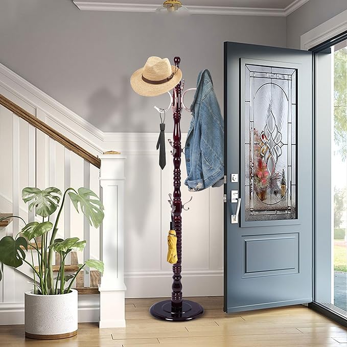 Solid Wooden Coat Rack Stand, Freestanding Coat Racks Tree with 20 Metal Hooks and 3 Adjustable Heights, Coat Hanger Stand with Sturdy Base for Coats,Hats,Bags, Living Room Bedroom Entryway Use