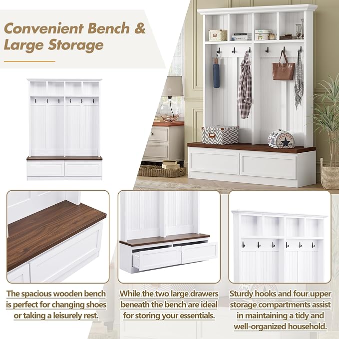 Merax Wood Hall Tree Entryway Bench with 6 Hooks, Farmhouse Mudroom Versatile Coat Racks with 2 Large Drawers Entrance Organizer for Hallway White
