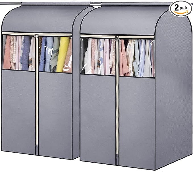 SLEEPING LAMB 35" Garment Bags for Hanging Clothes Storage, Sealed Completely Clothing Rack with Cover with Zipper Clear PVC Window Coat Cover for Closet, Sweaters, Suits protector, 2 Packs, Grey