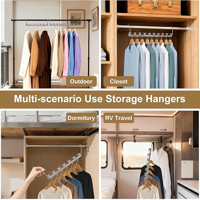 3 Pack Space Saver Hangers for Clothes, 6 Holes Expandable to 9 Holes 304 Stainless Steel Heavy Duty Multi Hangers Space Saving for Closet Bedroom Dormitory RV Outdoors