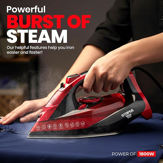 Utopia Home Steam Iron for Clothes - Non-Stick Soleplate - 1800W Clothes Iron With Auto-Off Safety Feature - Adjustable Thermostat Control, Variable Steam Control, Self-Clean, 8 Feet Cord (Black/Red)