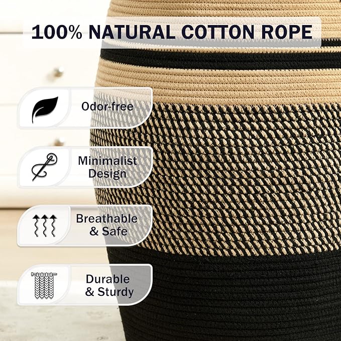 105L Extra Large Laundry Hamper Basket by Fiona's magic, Woven Tall Clothes Hamper for Storage Blanket, Toys and Dirty Cothes in Bedroom and Living Room Organizer, Brown & Black