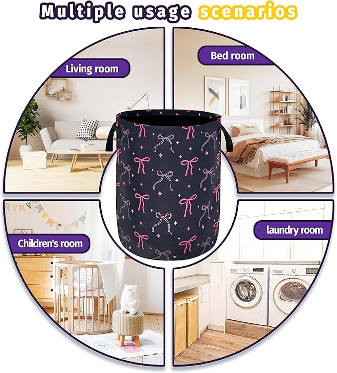 Beautiful Bow Laundry Basket Foldable Oxford Cloth With Handle Portable Colorful Storage Basket Organizer Suitable For Laundry Room/Living Room/Bedroom/Children'S Room (18.9 X 16.5 Inch)