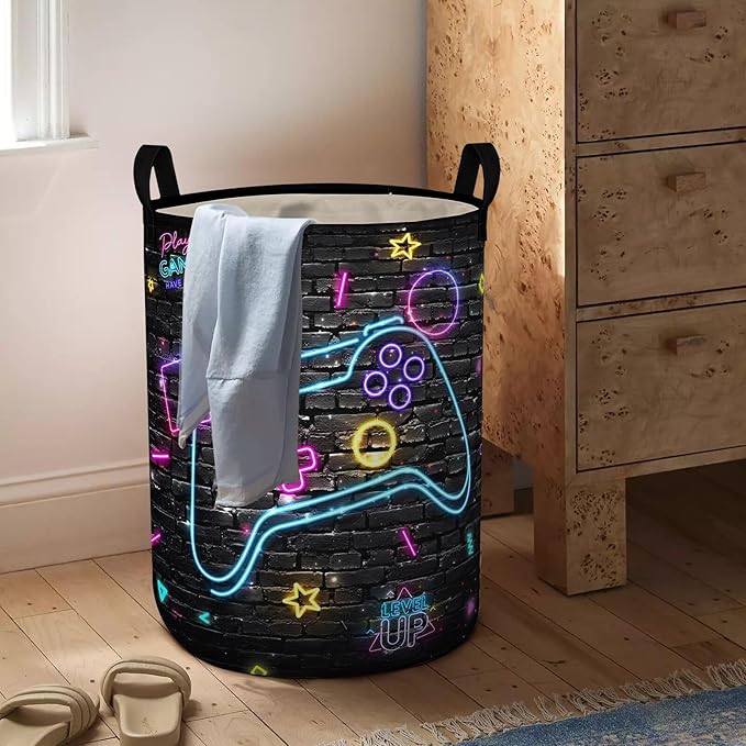 Gamer Laundry Basket Boys Hamper Foldable Kids Clothes Hampers Storage Basket Toy Organizer Boys Bedroom Decor (Neo gamepad, 43L)