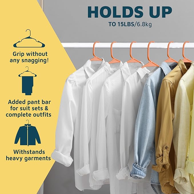 Lifemaster Plastic Clothes Hangers – Heavy Duty Hanger Set, for Organizing Clothes, Dresses, and Coat, Holds Up to 5 lbs, Space-Saving Hangers with Non-Slip Shoulder Grooves, Pack of 100, Orange