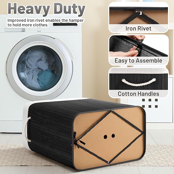 72L Slim Laundry Hamper with Lid, Foldable Bamboo Clothes Laundry Basket with Handles, Removable and Machine Washable Liner, for Bedroom, Bathroom, Dorm, Ink Black