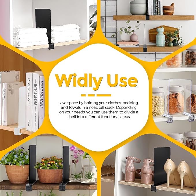 JOY DECOR 8 Pack Acrylic Matte Black Shelf Dividers for Closets Organizer and Storage Adjustable Vertical Wood Shelf Closet Separators for Clothes,Book,Bags in Bedroom and Kitchen