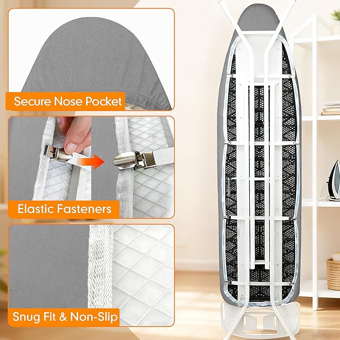 Ironing Board Cover and Pad, 15x54 Standard Size Thick Iron Padding, Scorch & Stain Resistant Ironing board cover, Heavy Duty Iron Board Padded with Adjustable Fasteners Durable Elastic Edge, Grey