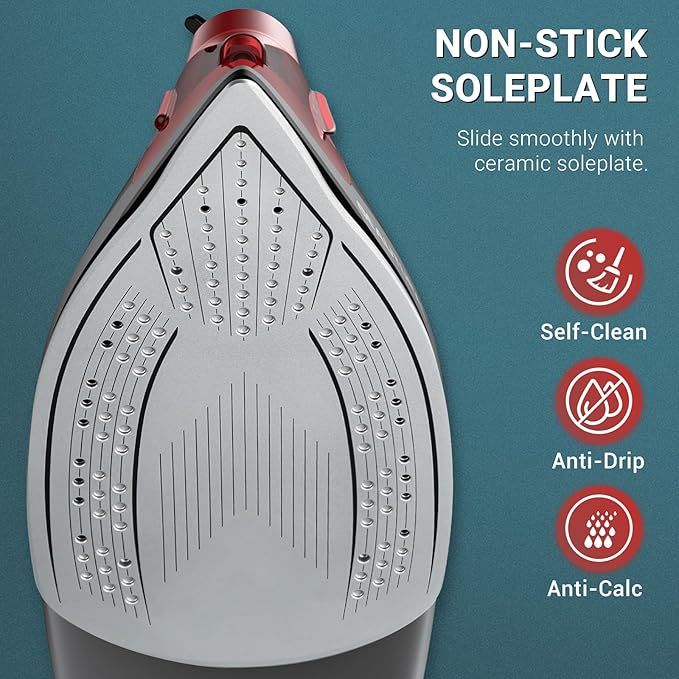 BEAUTURAL Steam Iron for Clothes, Ceramic-Coated Soleplate with Burst Steam, 3-Way Auto Shutoff, Anti-Drip and Anti-Calc, Self-Cleaning, 1500W Powerful for Home Use