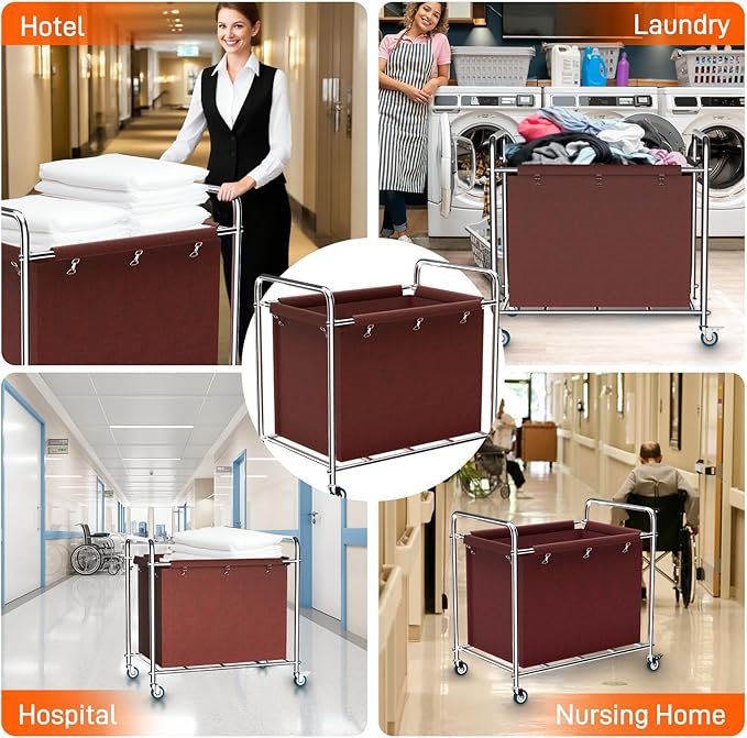 Commercial Laundry Cart with Wheels, 400L Heavy Duty Laundry Cart on Wheels for Home & Hotel, Waterproof Oxford, Sturdy Steel Frame, Easy to Install(Brown)