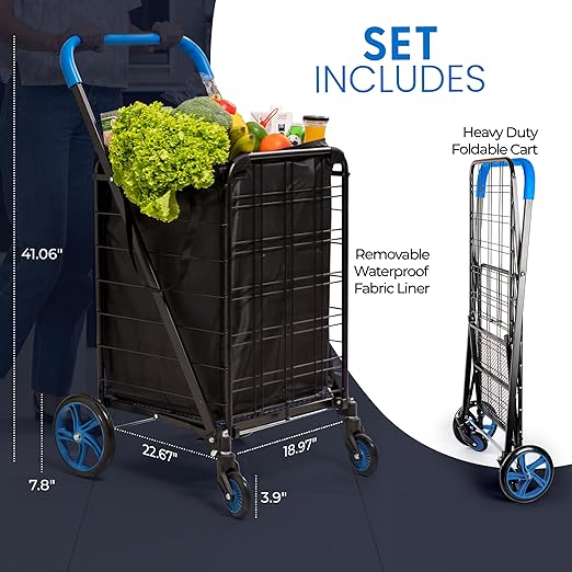 SereneLife Large Folding Utility Shopping Cart with Removable Liner – Heavy Duty, 360° Swivel Wheels, 110 lb Capacity, Portable for Groceries, Laundry, Luggage, and More(Blue)