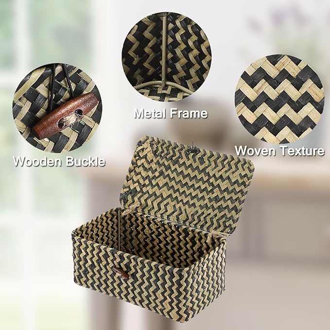 Hipiwe X-small Wicker Basket with Lid Natural Seagrass Storage Baskets Box Handwoven Household Organizer Box Multipurpose Woven Storage Basket for Shelf Closet,Black