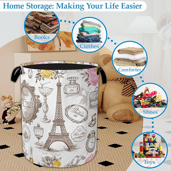 Eiffel Tower Roses Laundry Basket Collapsible Laundry Hamper with Handles, Waterproof Oxford Cloth Storage Bin for Bathroom/Bedroom/Dormitories 16 X 20.8 Inch