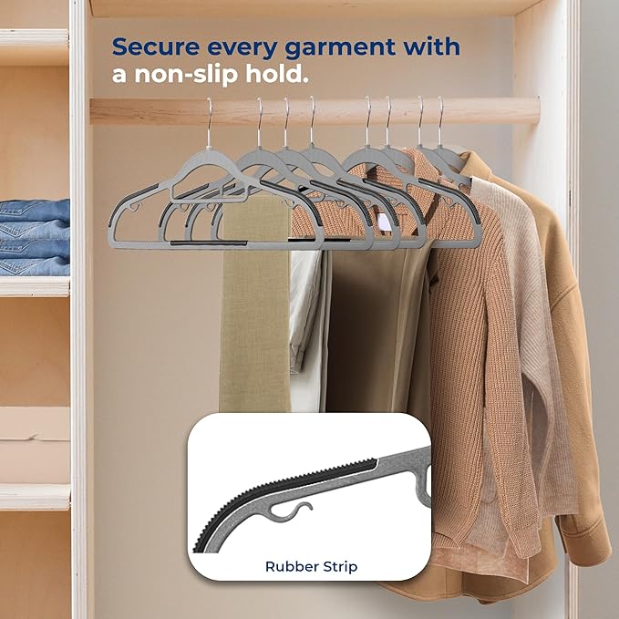 SereneLife Plastic Clothes Hangers, 30-Pack Hanger Set with Non-Slip Rubber Pad and 360° Swivel Metal Hook, Durable Grey Ultra Thin Hangers for Shirts, Pants, Dresses, Space-Saving Closet Organizer