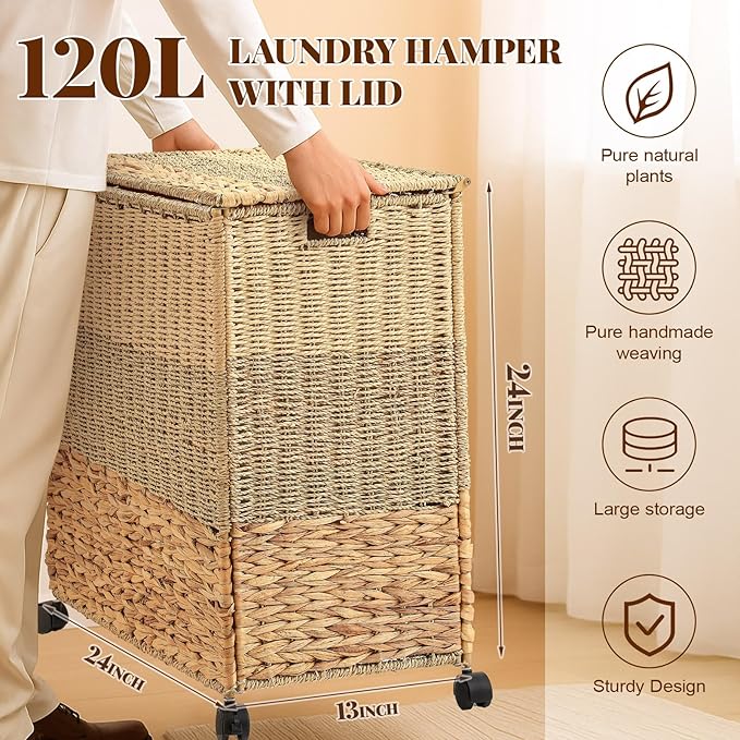 120 L Rolling Wicker Laundry Basket with Wheels Laundry Hamper with Lid Decorative Woven Hamper with Washable Removable Liner Bags and Handles for Clothes Natural Water Hyacinth (2 Sections)
