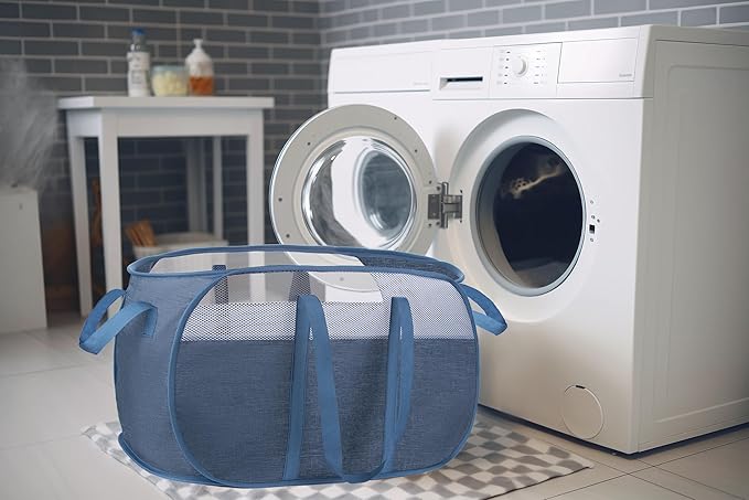 pop-up laundry basket，with Durable Handles collapsible Mesh laundry Hamper,Easy to Open and Fold,Premium Cationic Fabric… (Cationic blue)